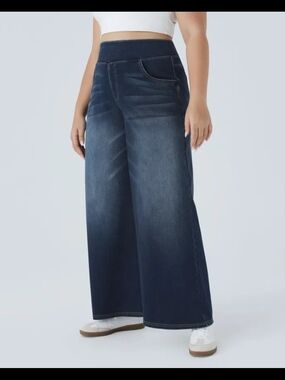 Halara Flex High Waisted Pockets Baggy Wide Leg Washed Casual Jeans XL R #119B5
